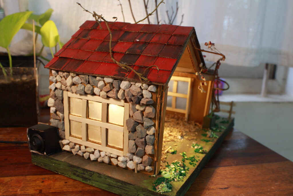 Home Handcrafted Miniature Crib Rustic Stone & Wood Design with LED Lighting